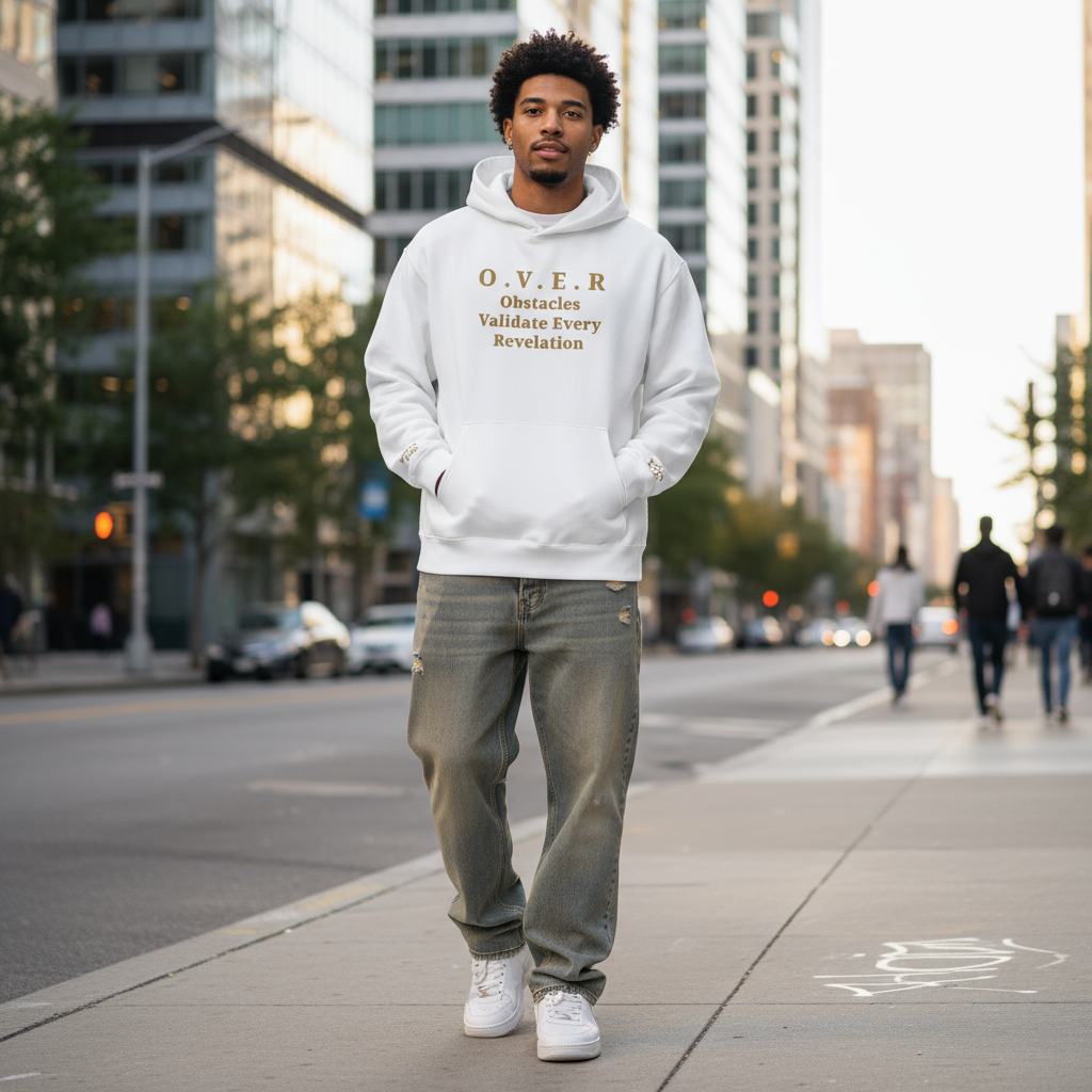 Model wearing white O.V.E.R. hoodie