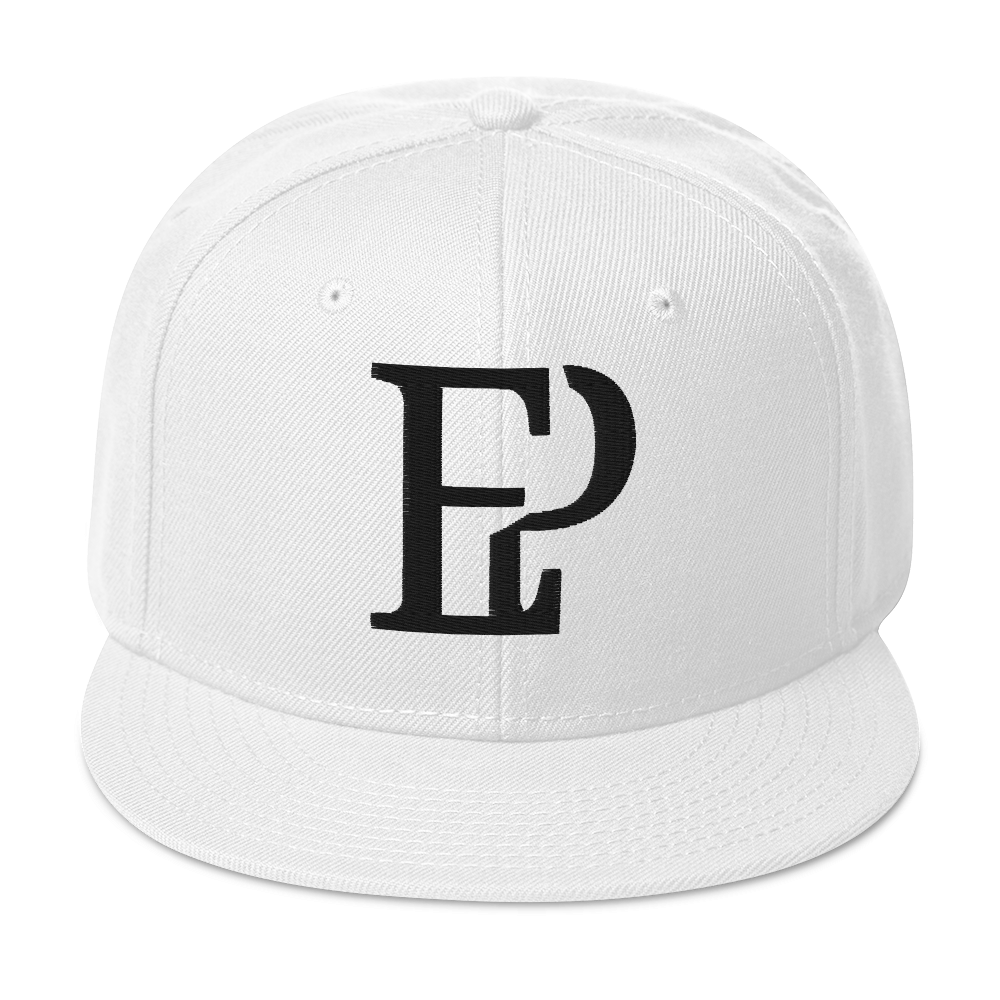 White cap with a black logo on a white background