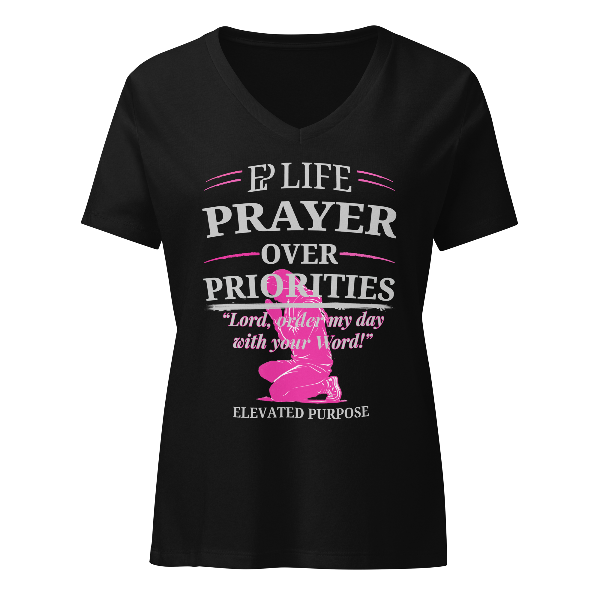 Women’s Prayer Over Priorities Tee - Black/Fuschia